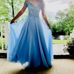 Blue Chiffon, off shoulder, lace corset prom dress